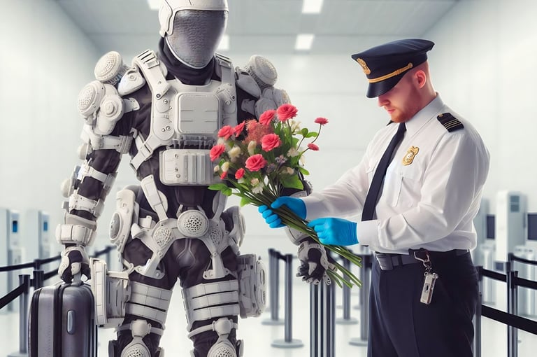 TSA checks flowers while man wears full body armor