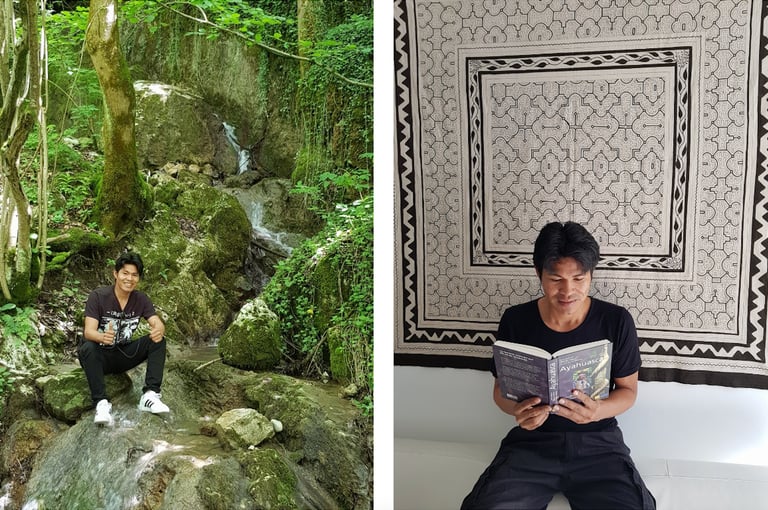 Roger Bardales posing by a forest waterfall and reading an Ayahuasca book against a Shipibo textile