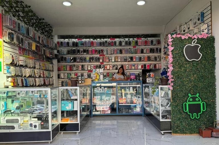 Una tienda de accesorios para teléfonos móviles con fundas montadas en la pared y vitrinas de vidrio