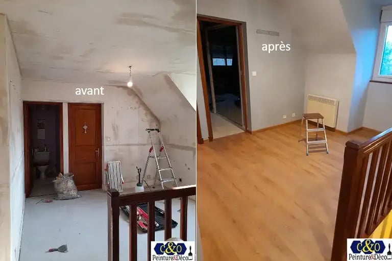 avant après rénovation plafond, mur et sol