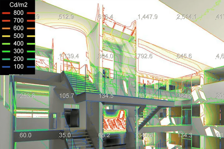 Computer-generated illuminance levels in the interior of a multistory building.