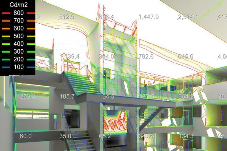 Computer-generated illuminance levels in the interior of a multistory building.