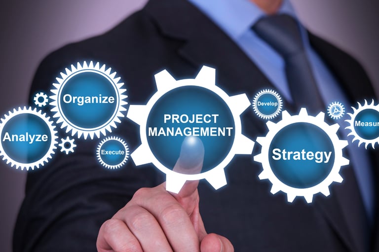 Business professional interacting with a digital interface for project management and deployment strategy