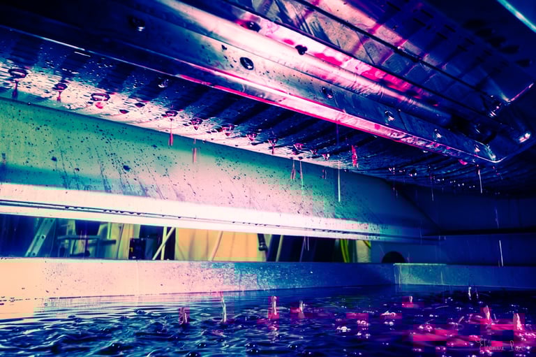 Écoulement du pressoir, flux lumineux aux teintes violettes et dorées, photo d'art