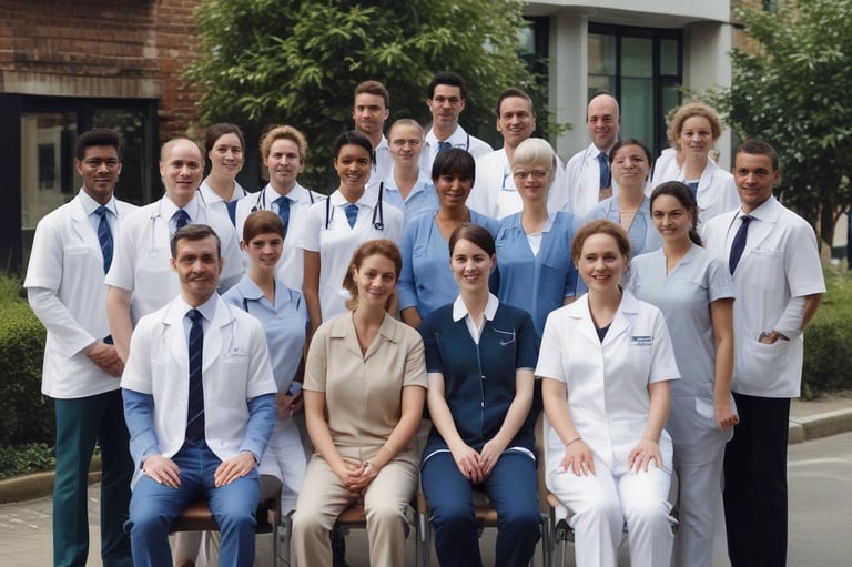 a group of doctors and nurses in white uniforms