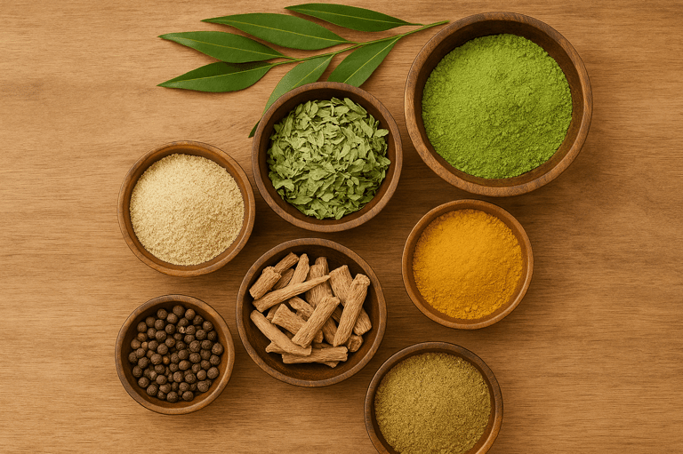 Top view of various Ayurvedic herbs in bowls on wooden surface