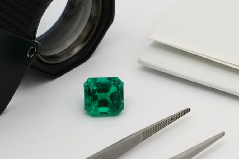 a green emerald gemstone with magnifying loupe glass and tweasers