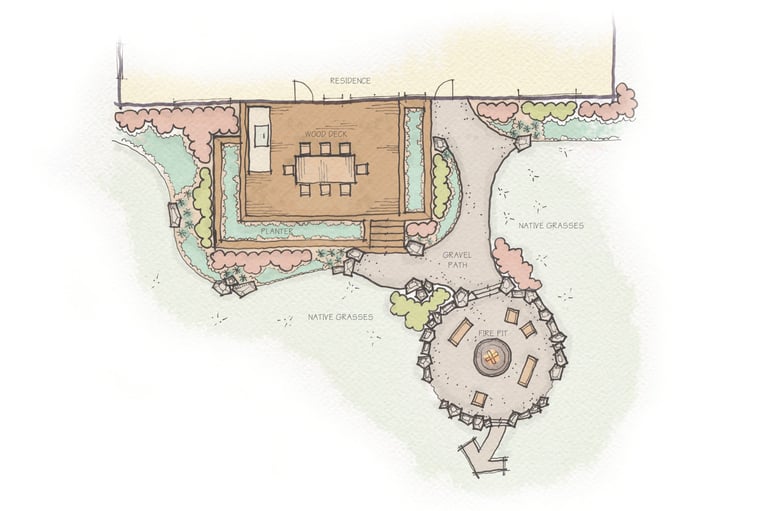 a drawing of a house with a circular shaped garden