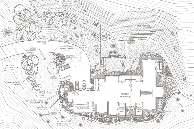 a plan for a house with a circular shaped garden