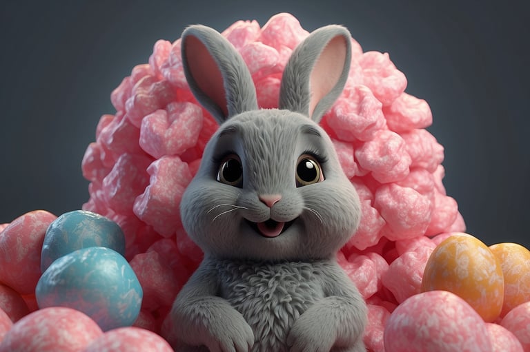 a rabbit sitting in a pile of candy