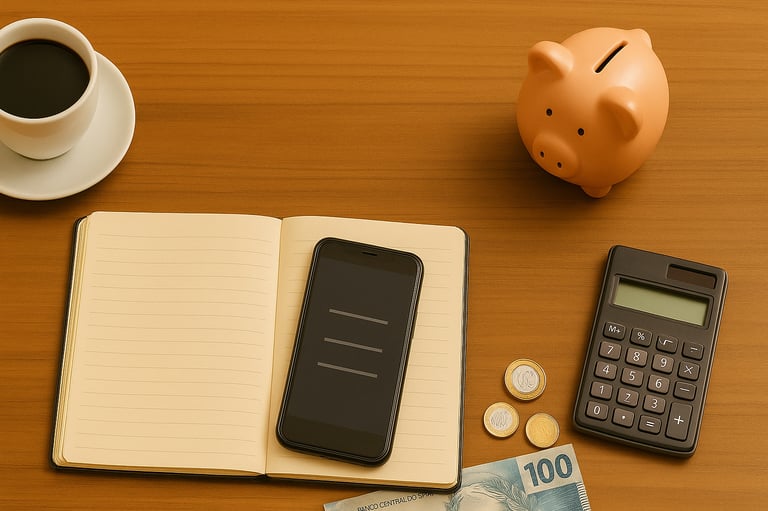 cofrinho, calculadora, celular, caderno, dinheiro e café. Itens para organizar as finanças