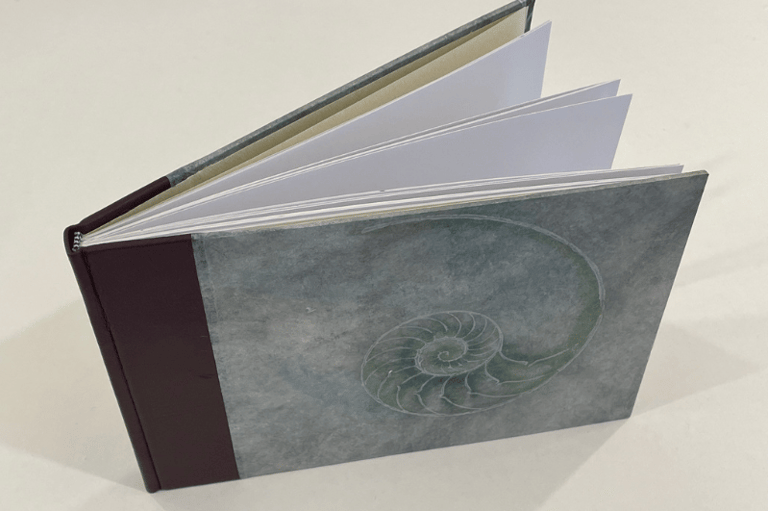 Journal with leather spine and shell design cover