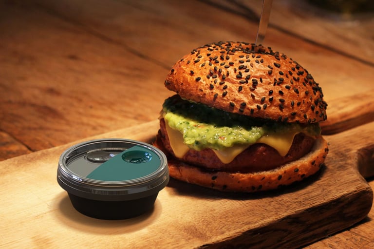 Rendered visualization demonstrating sauce dispensing from the container, designed by Koorosh Shojae