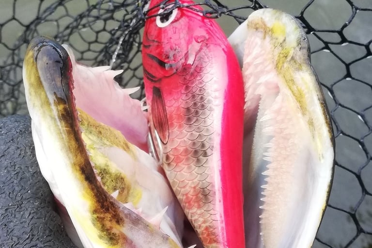 un leurre "salmo slider" dans la bouche d'un brochet.