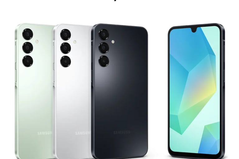 Samsung Galaxy A16 LTE smartphones shown in Light Green, Gray, and Blue Black colors with triple camera setup.
