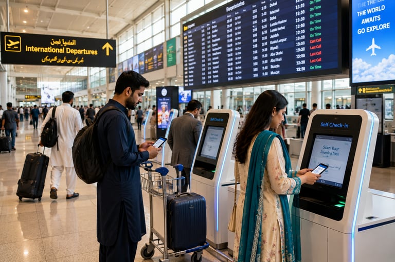 Pakistani travelers at a modern international airport