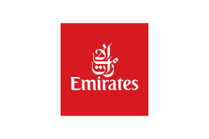 Official Emirates airline logo featuring white Arabic and English text on a red square background.