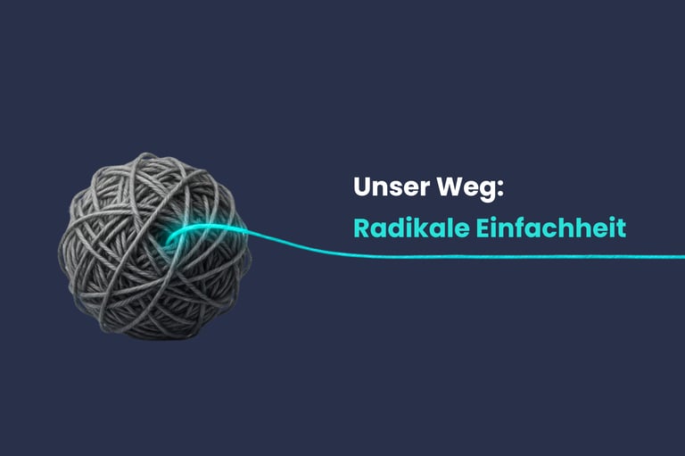 Ein grauer Wollknäuel mit einem leuchtend türkisen Faden steht für radikale Einfachheit bei KI.