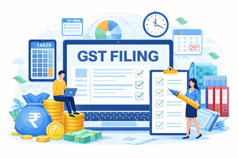"GST filing services illustration showing online return filing"