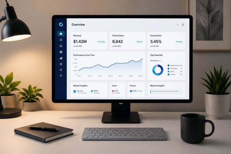 Business analytics dashboard displayed on a computer monitor showing revenue data and growth charts on a desk.