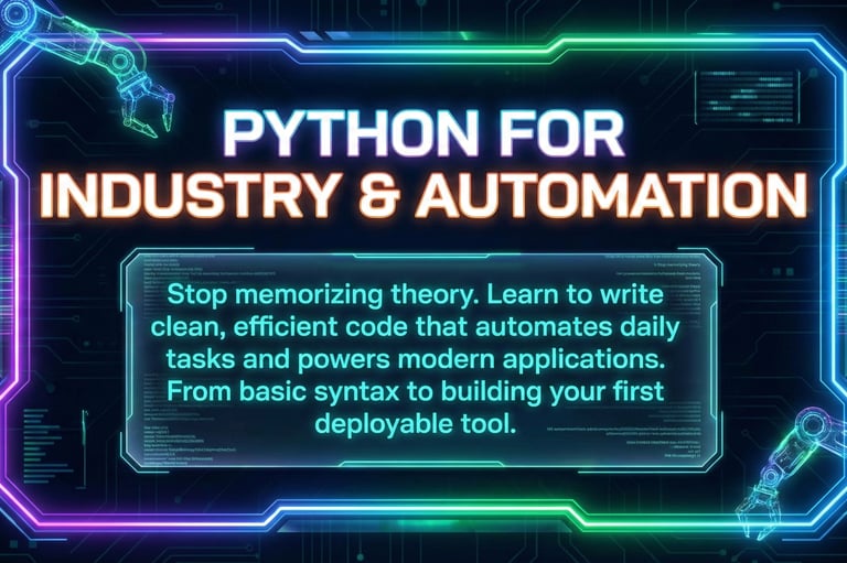 Neon Python for Industry & Automation course banner with robotic arms.