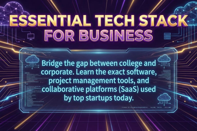 Futuristic Essential Tech Stack for Business course display with cloud network graphics.