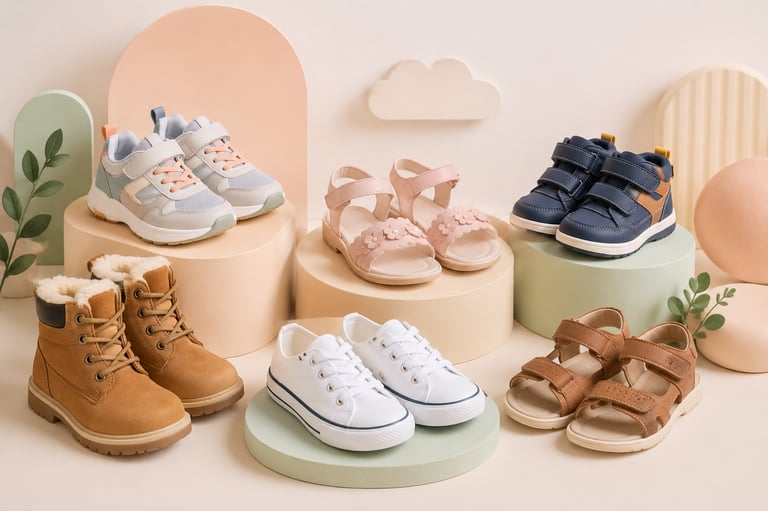 A collection of children's footwear including sneakers, sandals, and boots displayed on pastel pedestals.