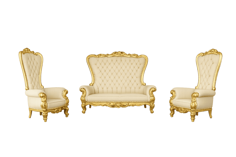 Elegant three-piece luxury furniture set featuring cream tufted upholstery and ornate gold-leaf wooden frames.