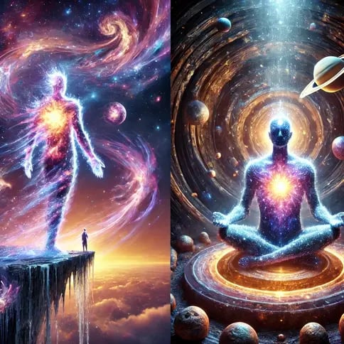 "Split cosmic artwork: glowing human figure with radiant heart in galaxy, and meditating figure in space tunnel with planets”