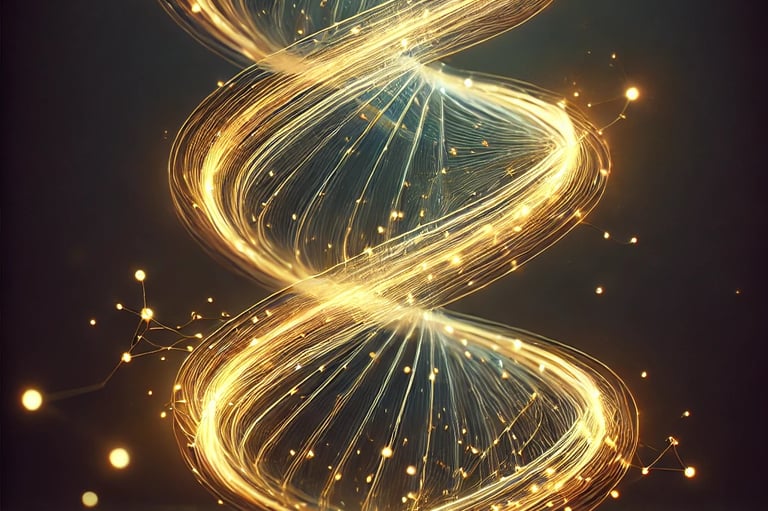 "Abstract digital art of a swirling golden light spiral with radiant fiber optic filaments and glowing embers."