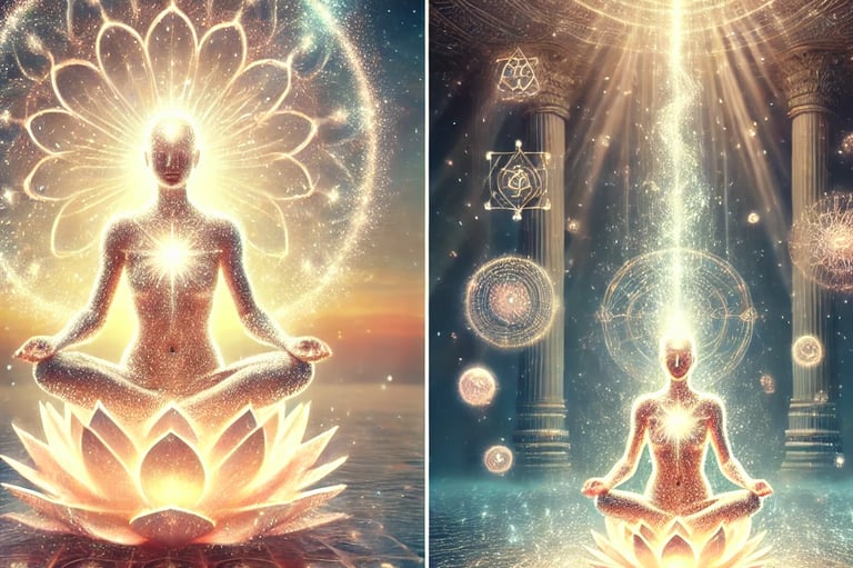 “Two ethereal meditation figures on lotus with golden aura and sacred geometry, showing enlightenment and crown light beam.”