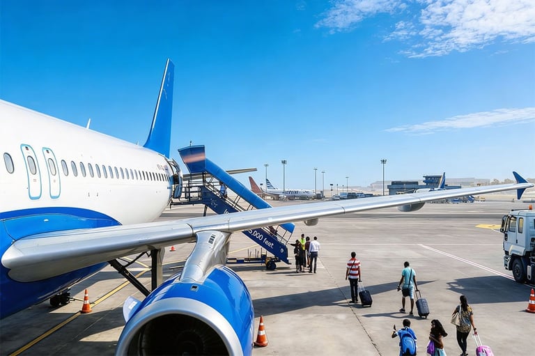 Passengers boarding flight at airport