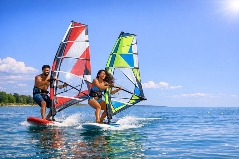 Man and woman windsurfing on a sunny lake, positioned left of frame, enjoying safe outdoor adventure