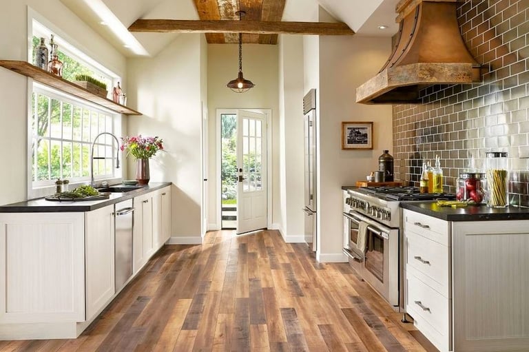 Water-resistant kitchen and bathroom flooring designed for moisture and heavy foot traffic.