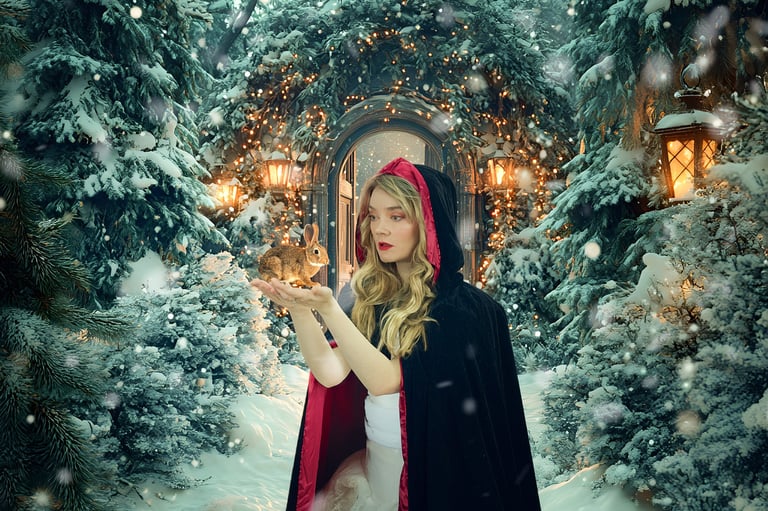 A blonde woman in a hooded velvet cloak holding a rabbit in a snowy, magical winter forest.