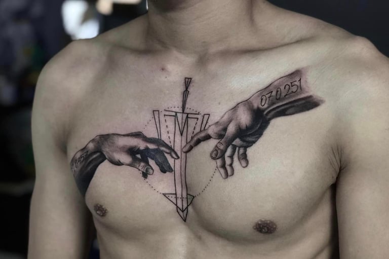 Custom tattoo inspired by 'The Touch' painting, graphic and realism style, with a graphic sword