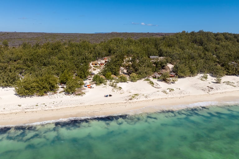 Aerial view of Ocean Lodge beachfront lodge in Sakalava Bay near Diego Suarez, Madagascar