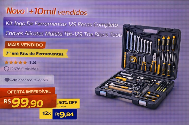 Jogo de ferramentas completo 129 peças com maleta, alicates e chaves para manutenção doméstica.