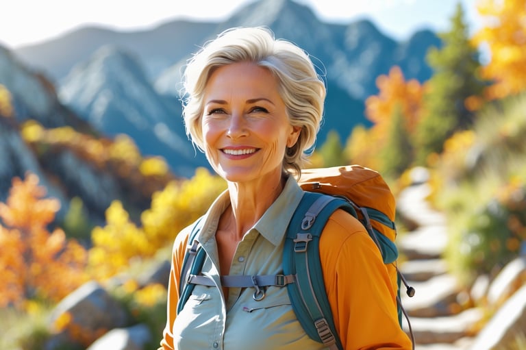 Post-menopausal woman hiking along a sunlit mountain trail in autumn, smiling confidently 