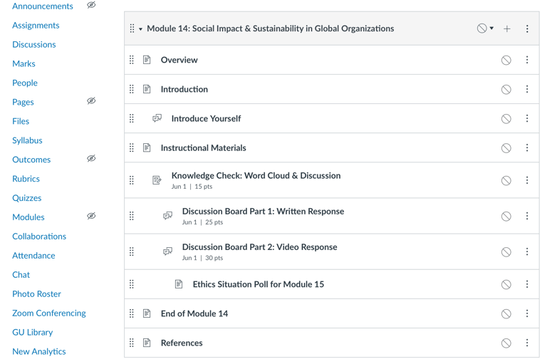 Contents drop down pages of a LMS module I created on Instructure Canvas