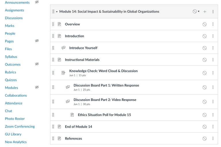 Canvas Instructure learning module about social impact