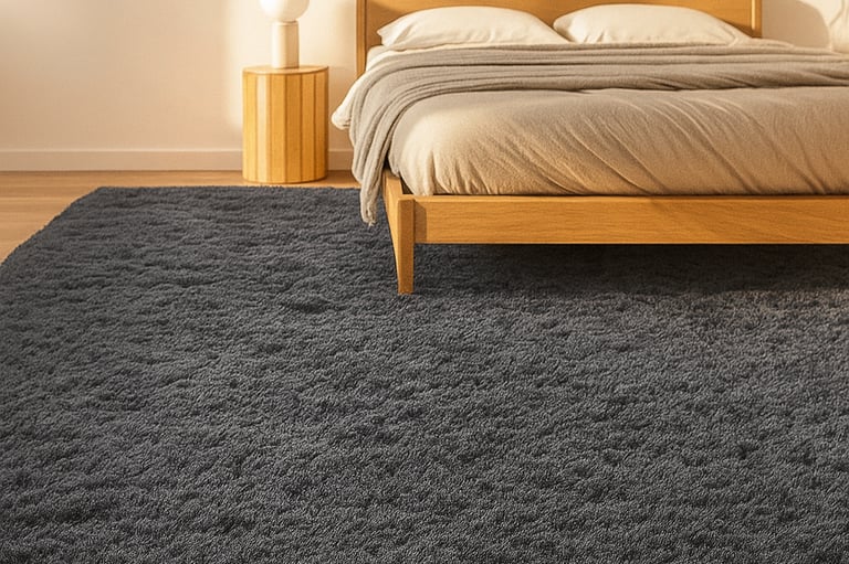 dark gray textured oversized rug under a wooden bed in a cozy bedroom setting