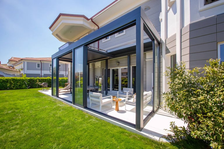 Sliding glass door system installed on outdoor patio