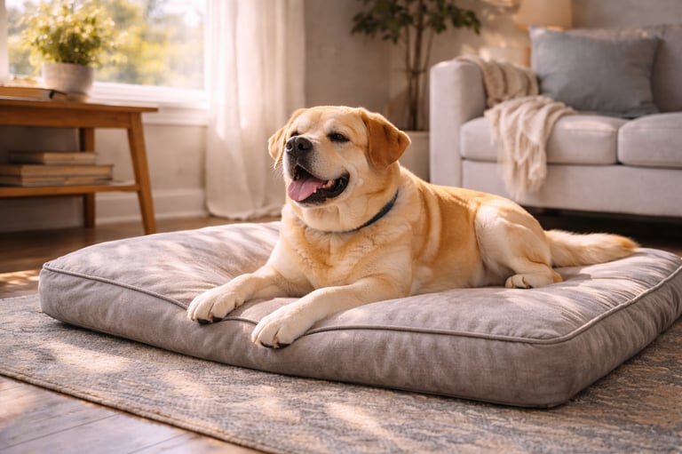 Dog resting calmly at home during owner travel.