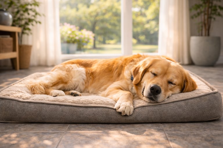 Dog resting peacefully at home during summer.