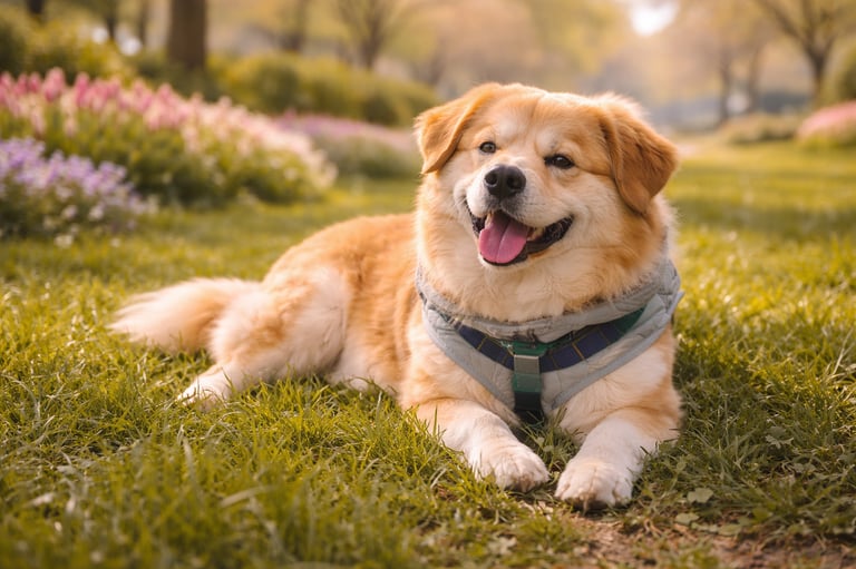Dog resting after a daily spring walk.