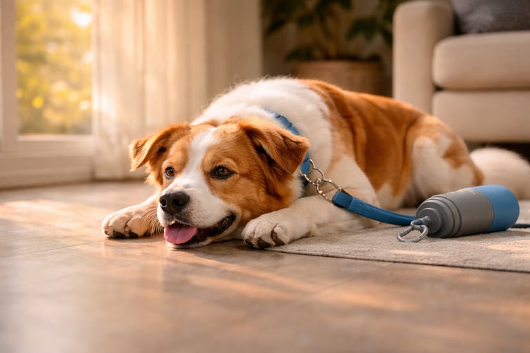 Dog resting indoors after safe summer walk.
