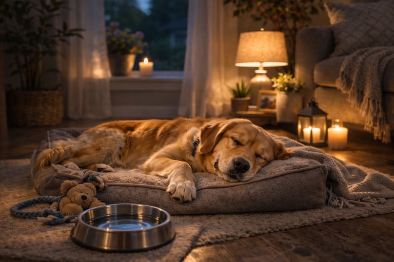 Dog sleeping peacefully after fireworks evening.