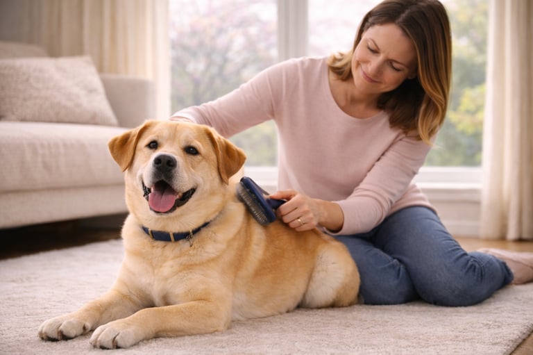 Pet sitter brushing a dog during allergy season.