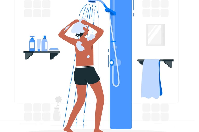 Un humain se lave avec le régulateur de douche, économisant jusqu'à 50 % d'eau